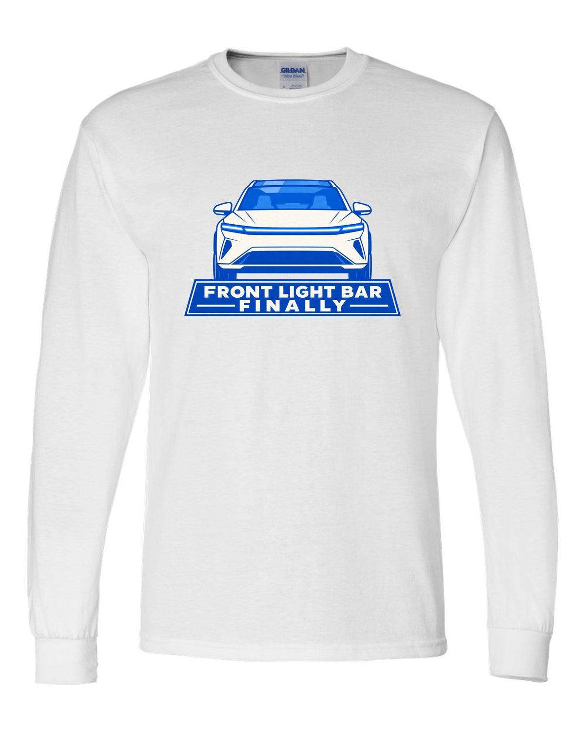 Minimal geometric flat vector print of a Tesla Model Y Juniper with the text Front Light Bar Finally white long sleeve front view with the design