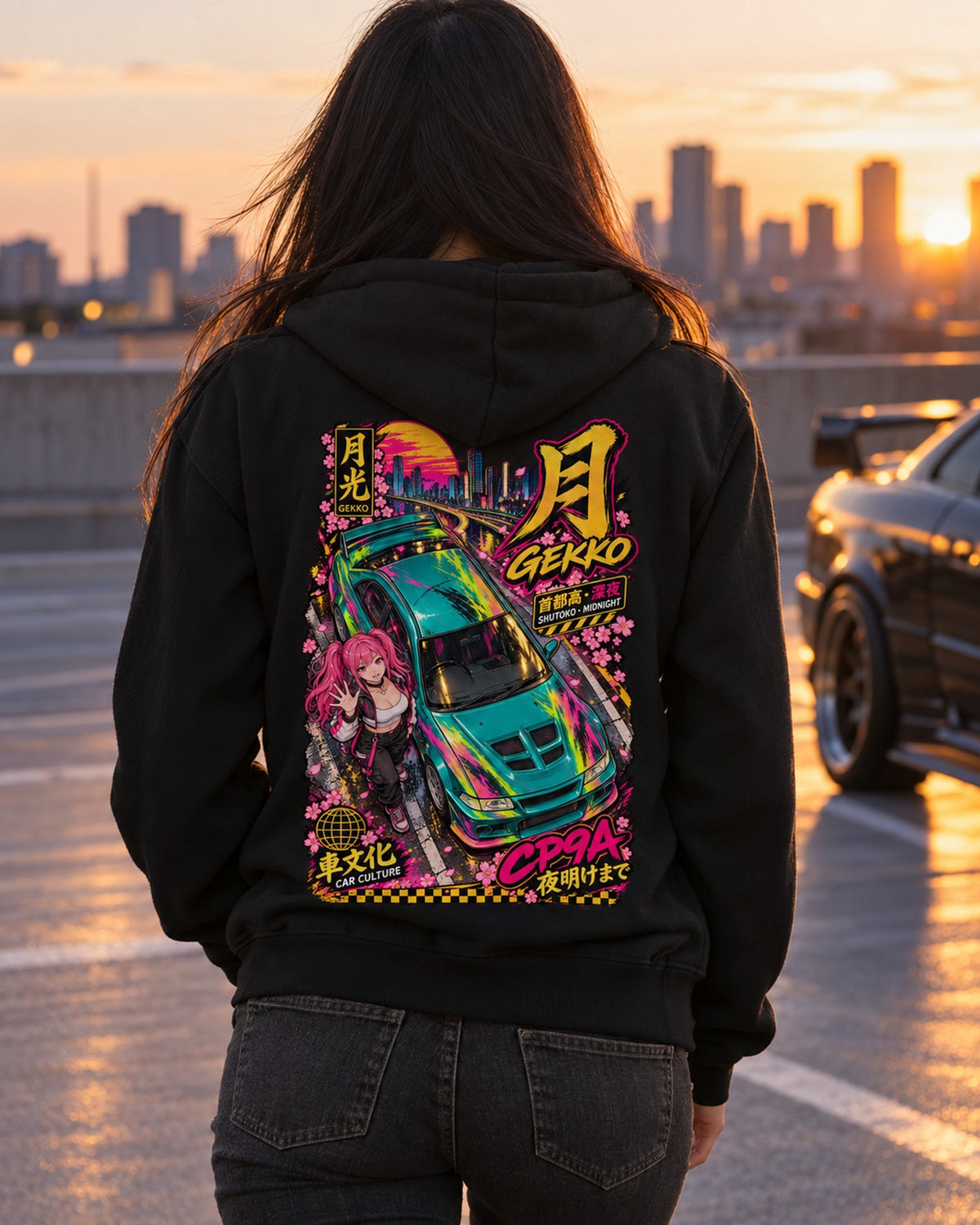 GEKKO CP9A Anime Girl Full-Back Graphic Tee Zip Hoodie Black worn hero