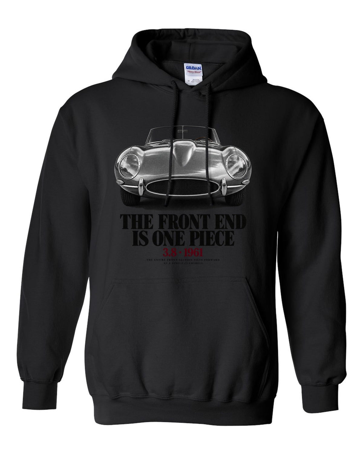 Jaguar E-Type Series 1 front end macro print black pull over hoodie front view with the design
