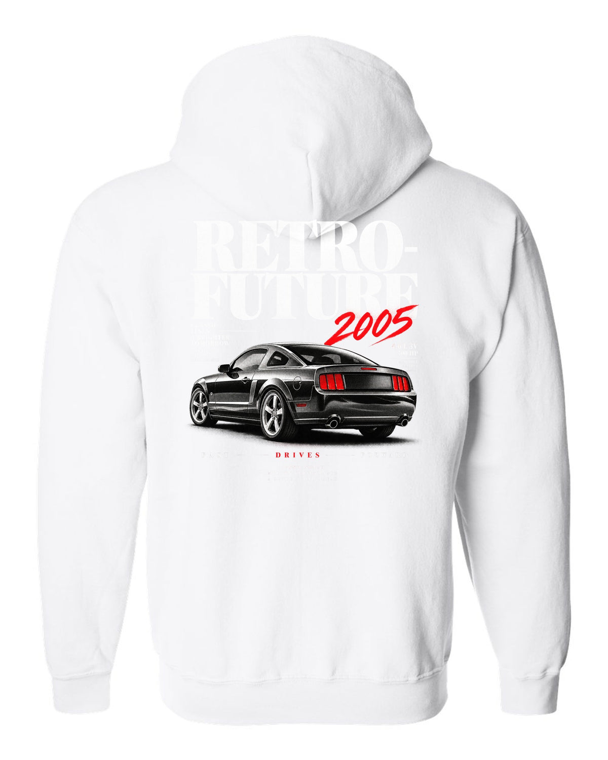 Editorial headline print of a 2005-09 Ford Mustang S197 GT white zip hoodie back view with the design