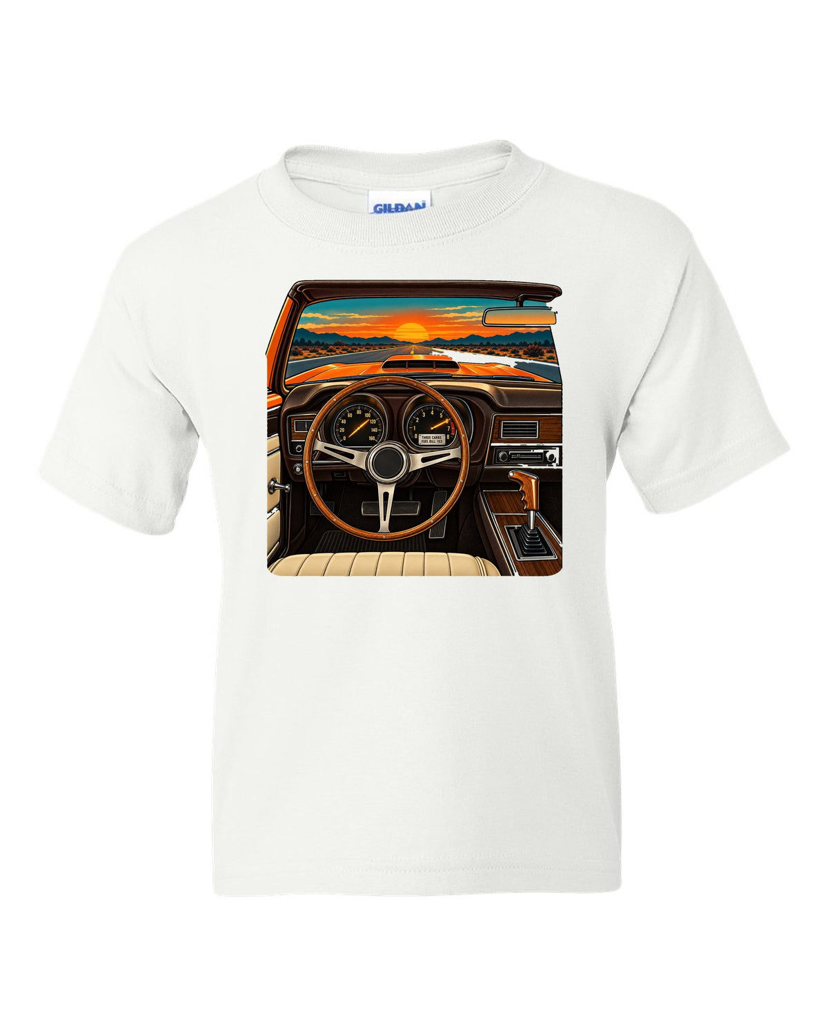 Retro dashboard illustration of a 1971 Dodge Charger Super Bee with six pack carb caption white kids tee front view with the design