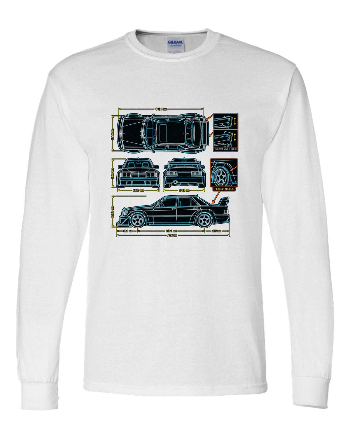Technical blueprint top-down line art print of a Mercedes-Benz 190E Evo II W201 with two-tier wing white long sleeve front view with the design