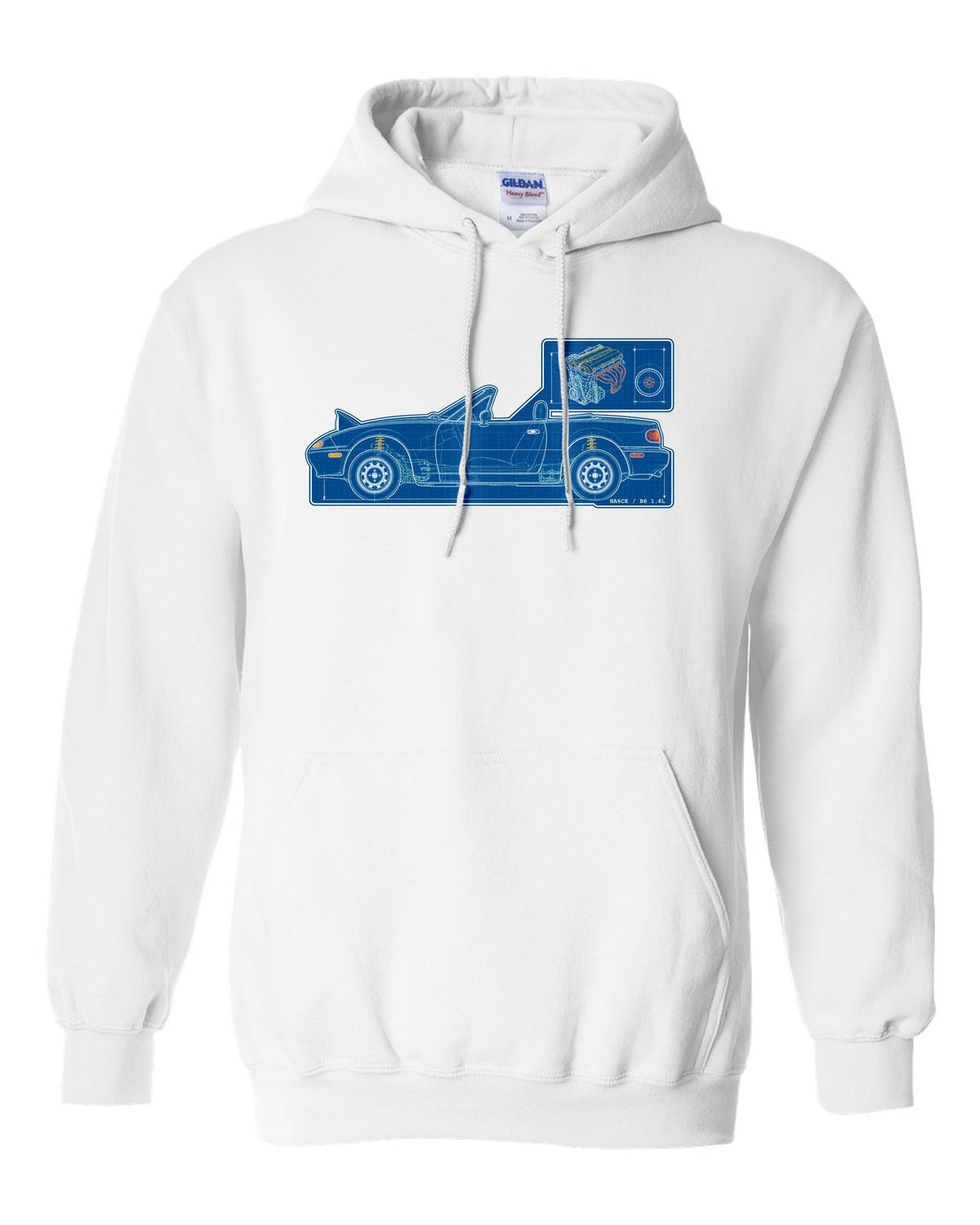 Sticker-bomb collage of a Mazda MX-5 NC rear with MZR 2.0 167 HP text white pull over hoodie front view with the design