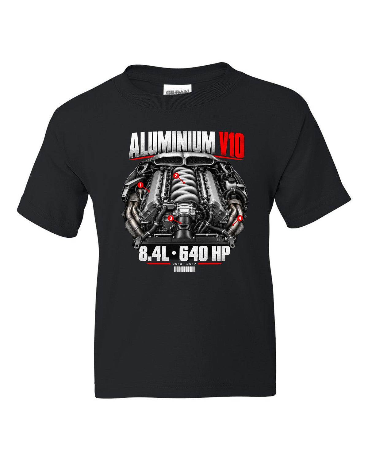Dodge Viper VX aluminium V10 engine hero print with 8.4L and 640 HP lettering black kids tee front view with the design