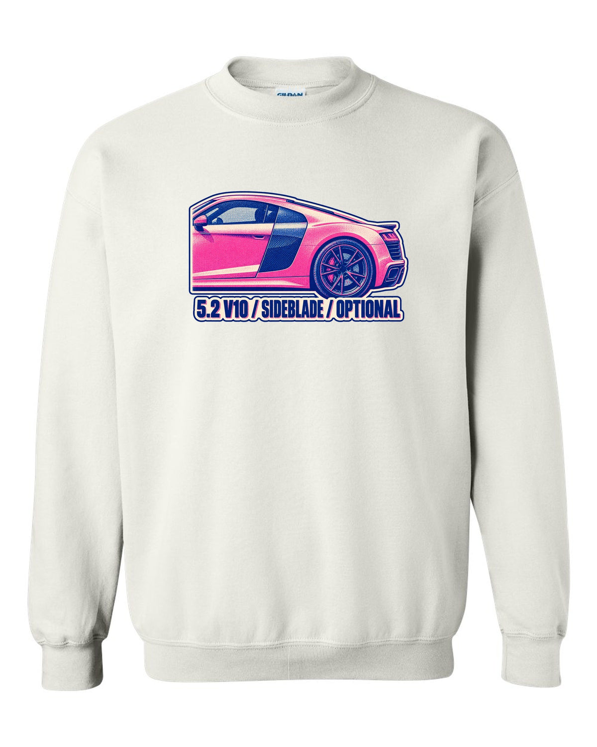 Risograph two-ink print of an Audi R8 4S with 5.2 V10 and Sideblade text white crewneck front view with the design
