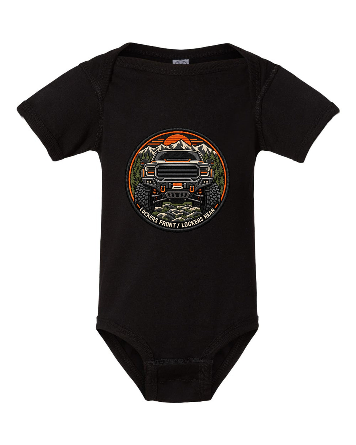 Embroidery-style patch print of a Ram 2500 Power Wagon grille with locker text black baby onesie front view with the design