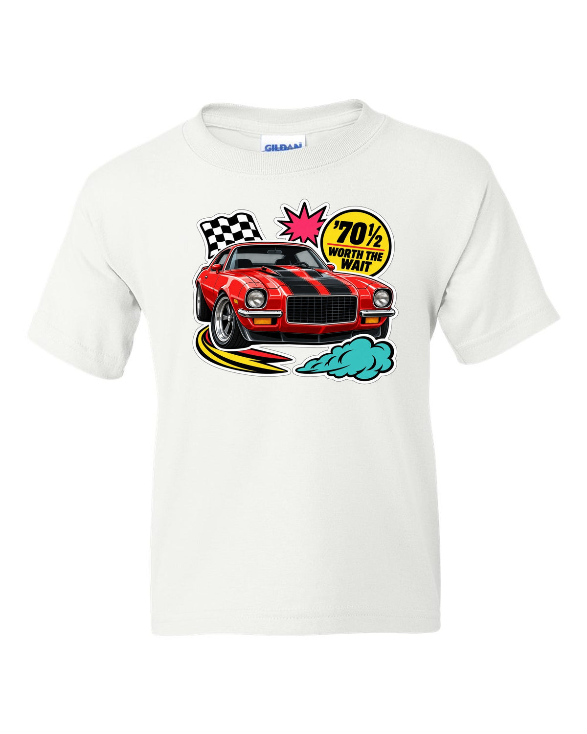 Sticker-bomb collage with die-cut edges of a 1970 Chevrolet Camaro Z28 white kids tee front view with the design