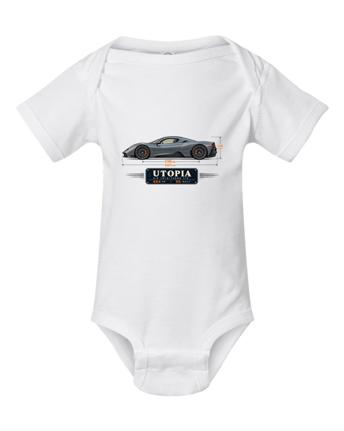 Blueprint print of the Pagani Utopia coupe with the text 6.0 twin-turbo V12, 864 hp, 99 built white baby onesie front view with the design