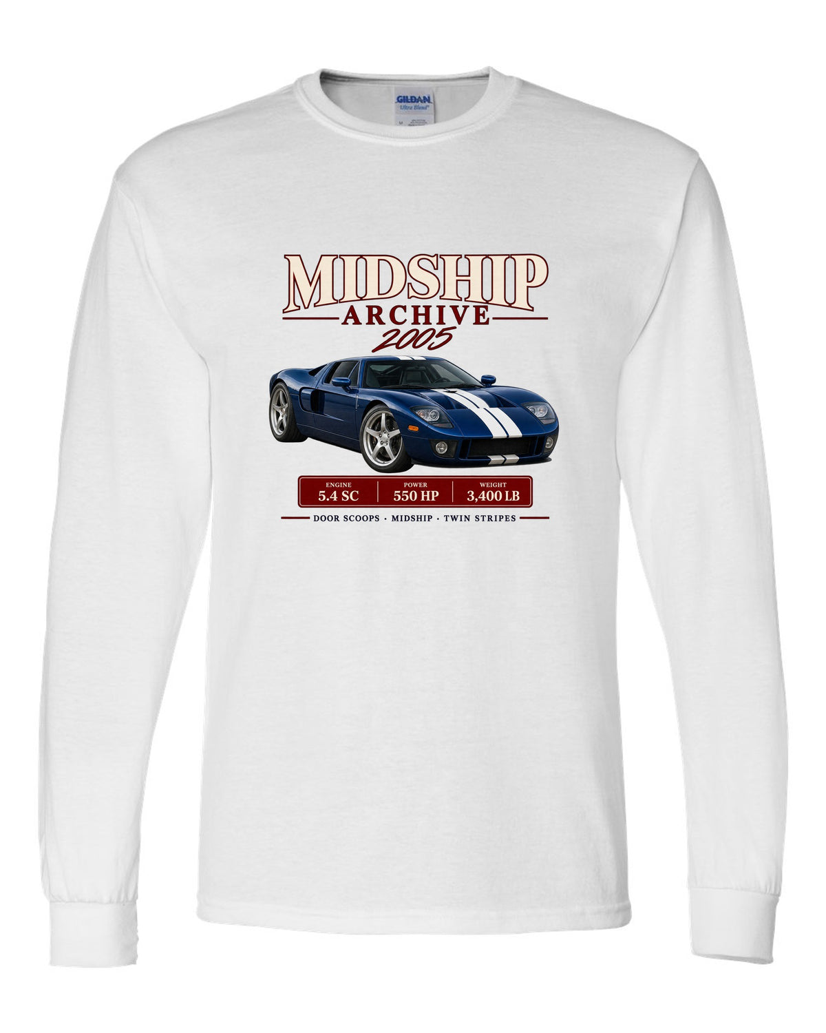 Ford GT 2005-06 midship archive panel print with door scoops, 5.4 SC and 550 HP white long sleeve front view with the design