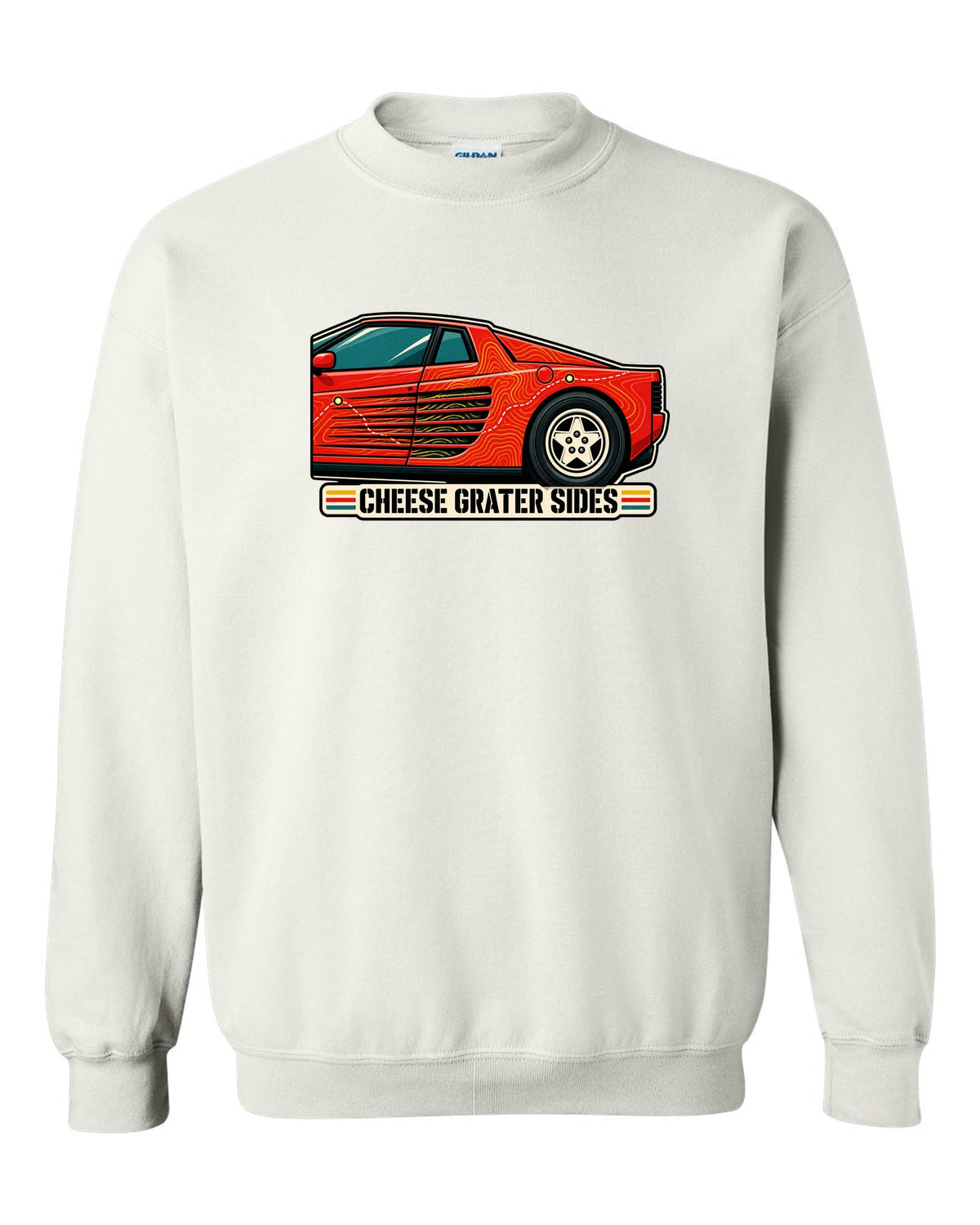 Topographic contour line print of the Ferrari Testarossa F110 with the text cheese grater sides white crewneck front view with the design
