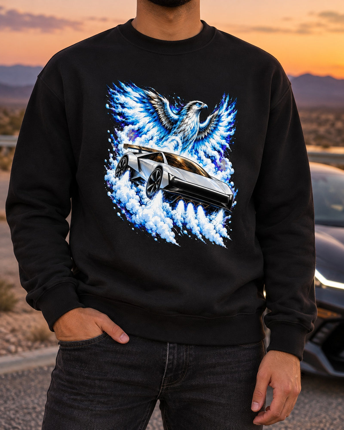 Tesla Roadster Ice Falcon Shirt, Hoodie & More Crewneck Black worn hero