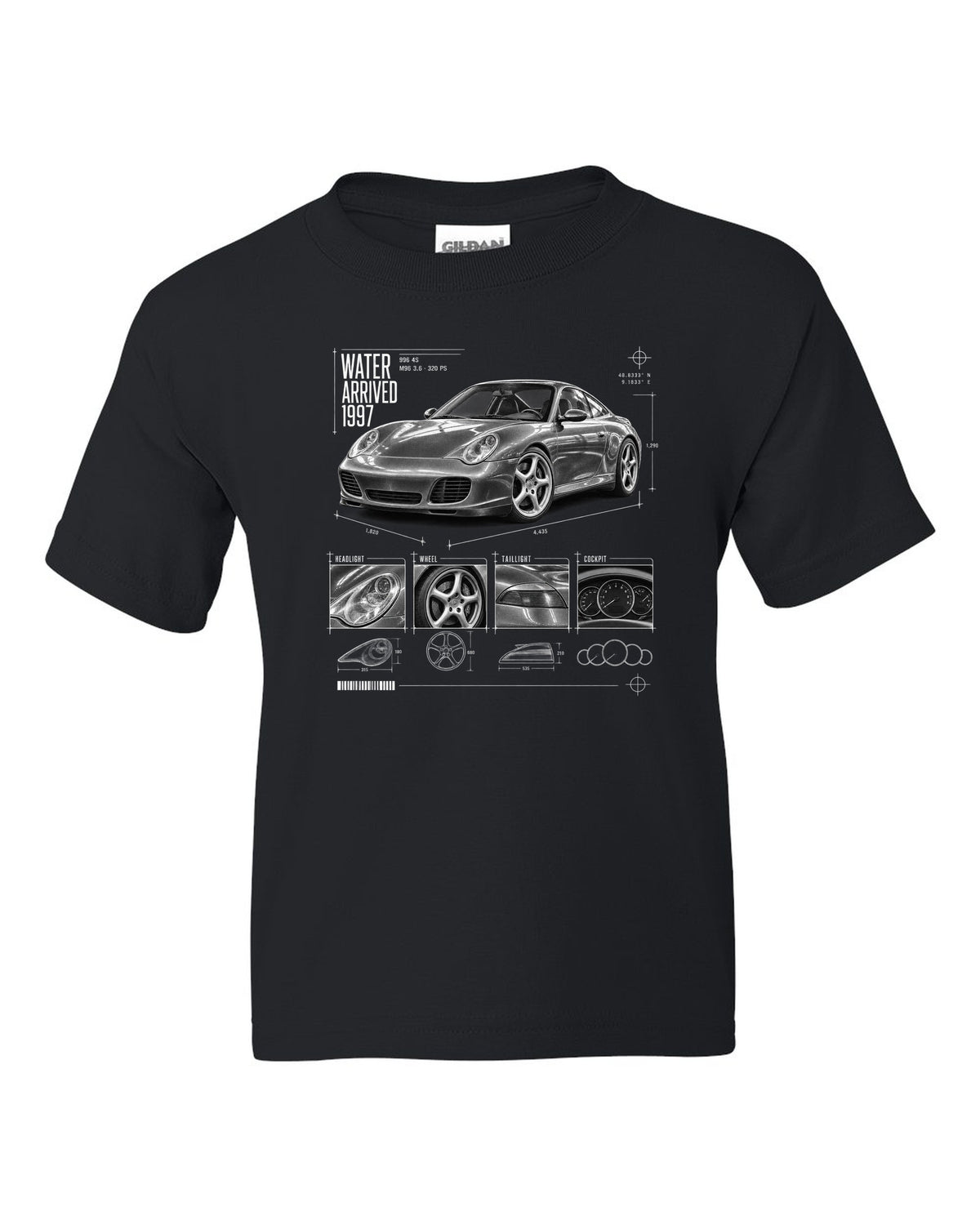 Dossier panel print of a Porsche 911 Carrera 4S (996) with the heading Water Arrived 1997 black kids tee front view with the design