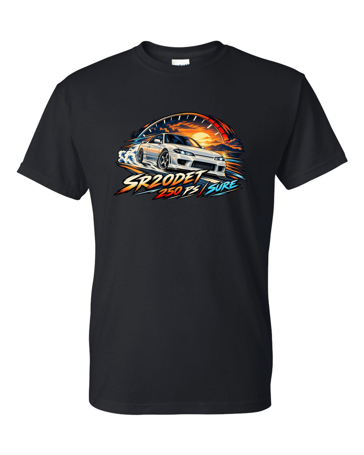Cel-shaded anime print of a Nissan Silvia S15 with redline arc and SR20DET 250 PS text black t-shirt front view with the design