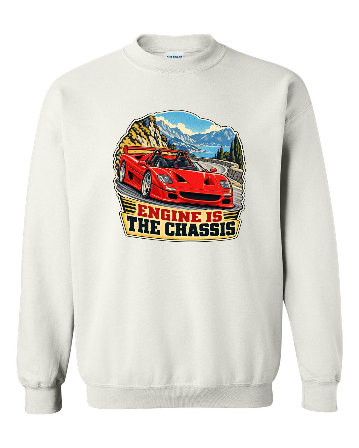 Retro race-programme print of a 1995 Ferrari F50 F130 with roof off on a mountain pass and engine is the chassis text white crewneck front view with the design