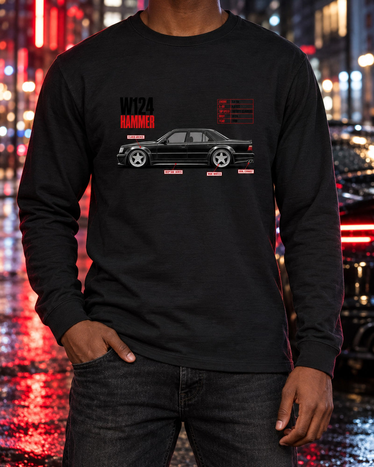 Mercedes W124 Hammer 5.6 V8 Spec Poster Shirt, 1988 Long Sleeve Black worn hero