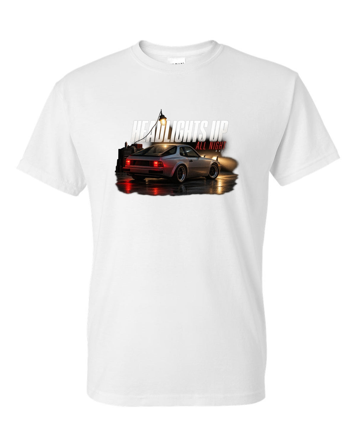 Garage night print of an early Porsche 944 with pop-up headlights raised white t-shirt front view with the design