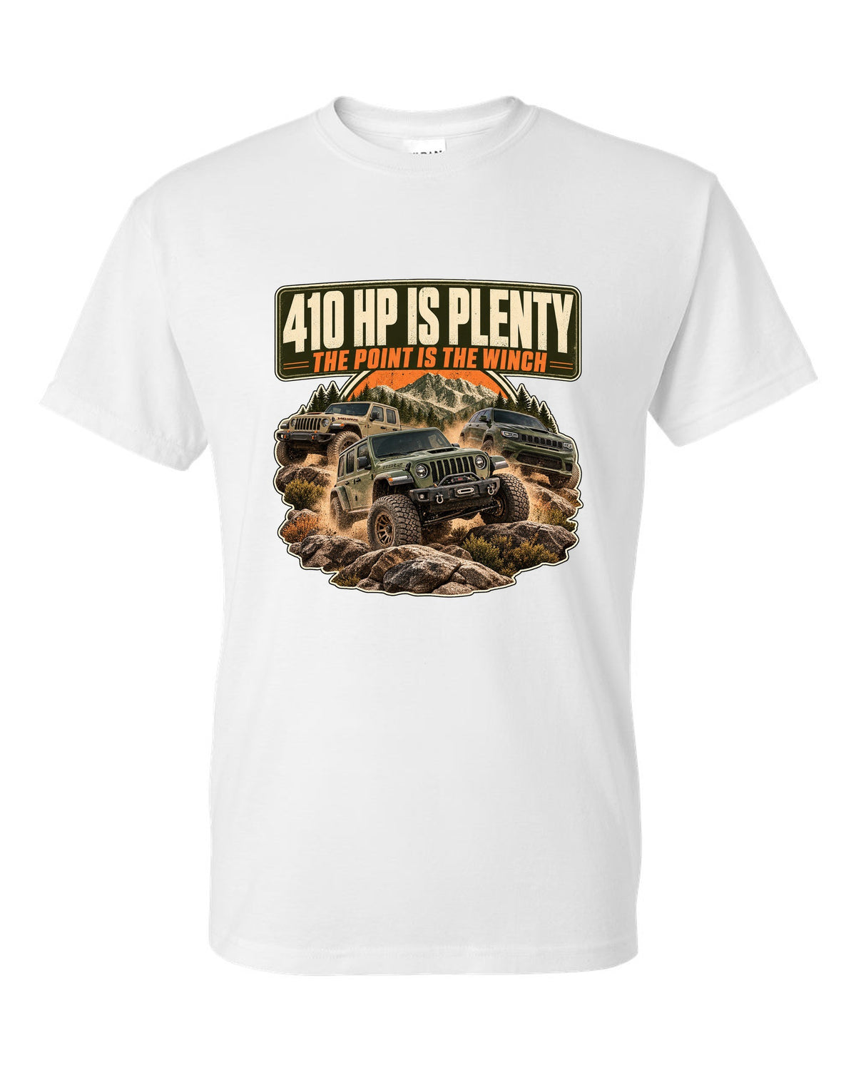 Editorial headline print for the Ram 2500 Power Wagon 6.4L V8 about horsepower and the winch white t-shirt front view with the design