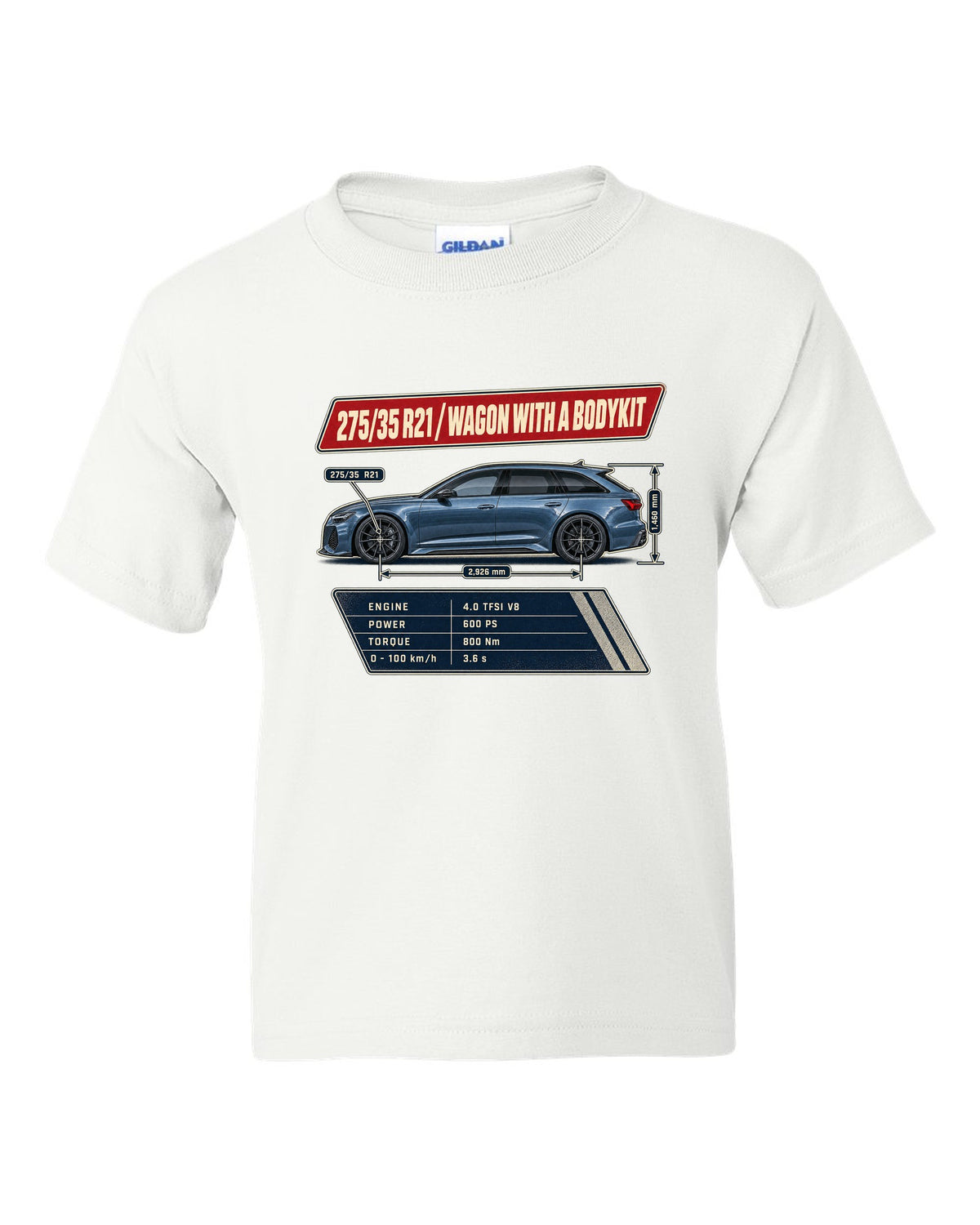 Spec poster for the Audi RS6 Avant C8 listing 275/35 R21 tyres white kids tee front view with the design