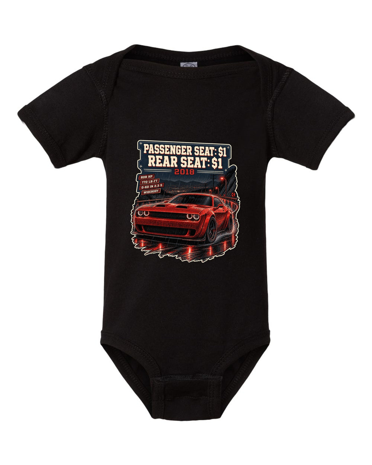 2018 Dodge Challenger SRT Demon on a night street print with seat price text black baby onesie front view with the design