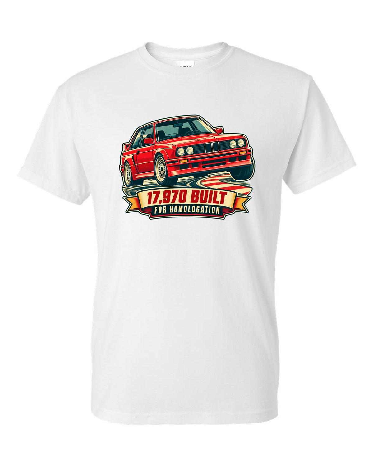 Vintage race poster print of a BMW E30 M3 at a hairpin with 17,970 built text white t-shirt front view with the design