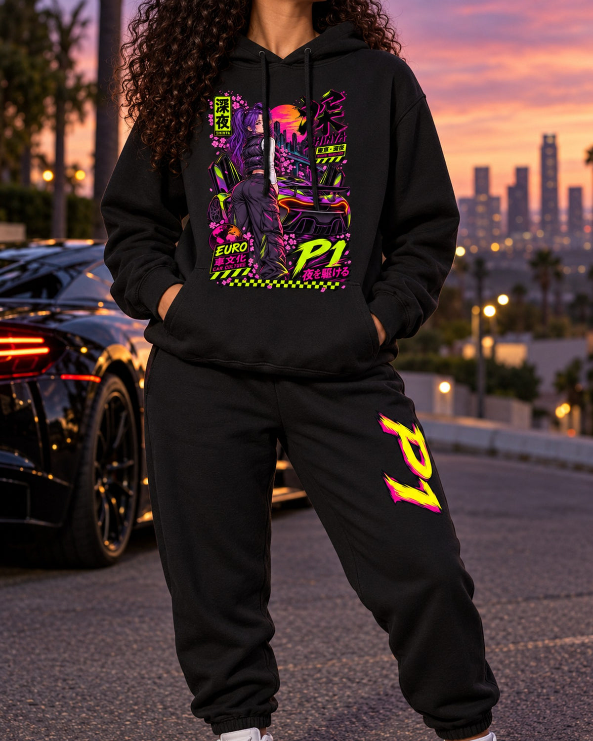 P1 Shinya Anime Girl Poster Hoodie + Jogger Set Black worn hero