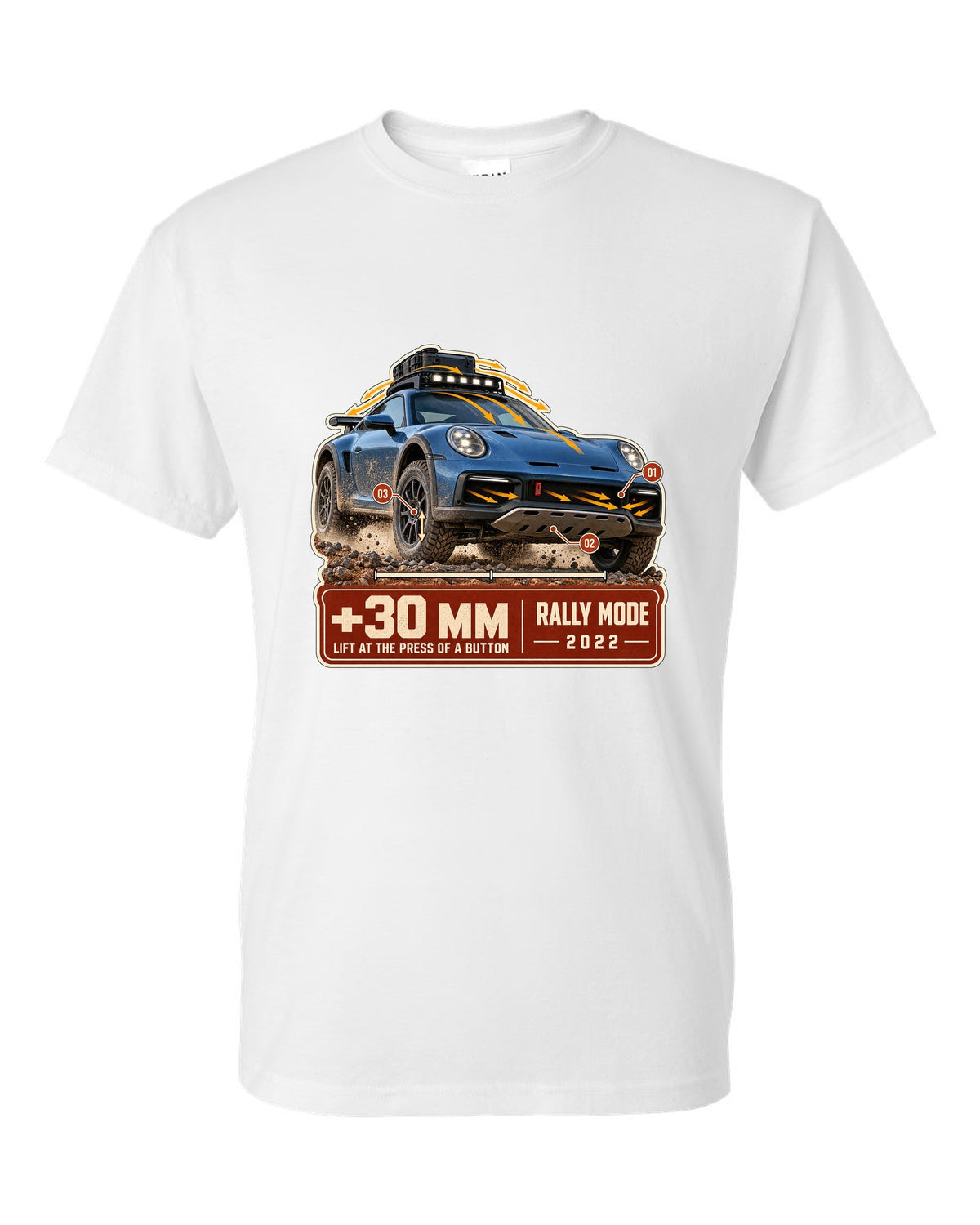 Aero callout print of a Porsche 911 Dakar 992 showing the lift feature white t-shirt front view with the design