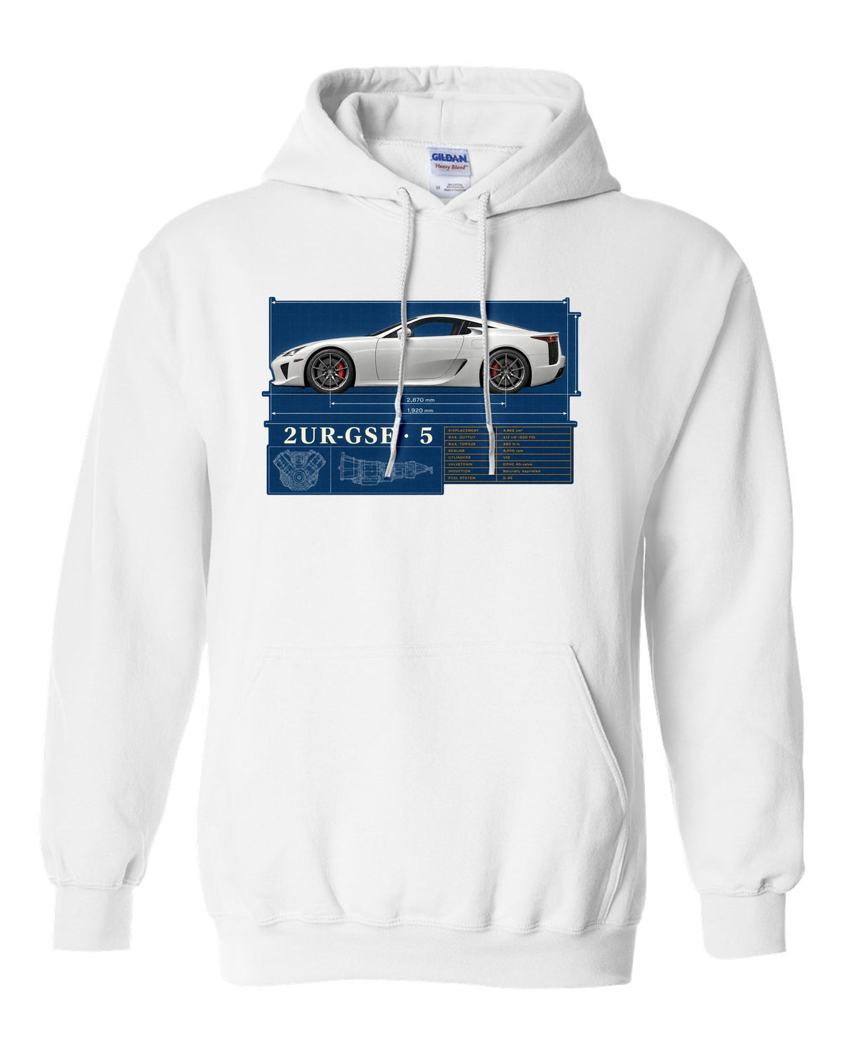 Spec poster of the Lexus LFA10 with power, weight and top speed figures white pull over hoodie front view with the design