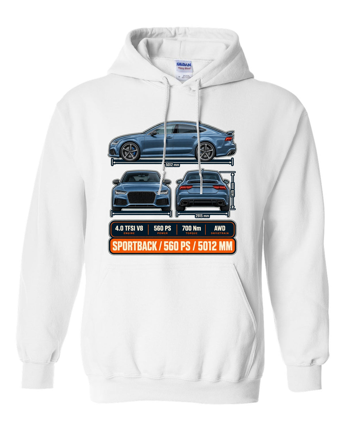 Audi RS7 Sportback C7 three-view drawing in graphite-blue print with 560 PS white pull over hoodie front view with the design