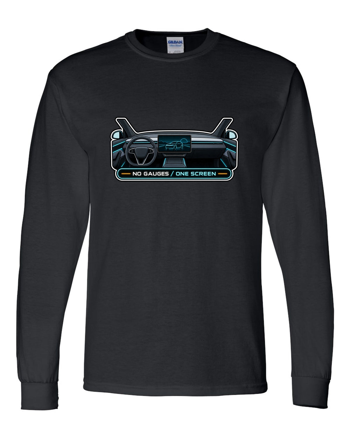 Gauge cluster HUD parody print of a Tesla Model Y Juniper reading No Gauges One Screen black long sleeve front view with the design