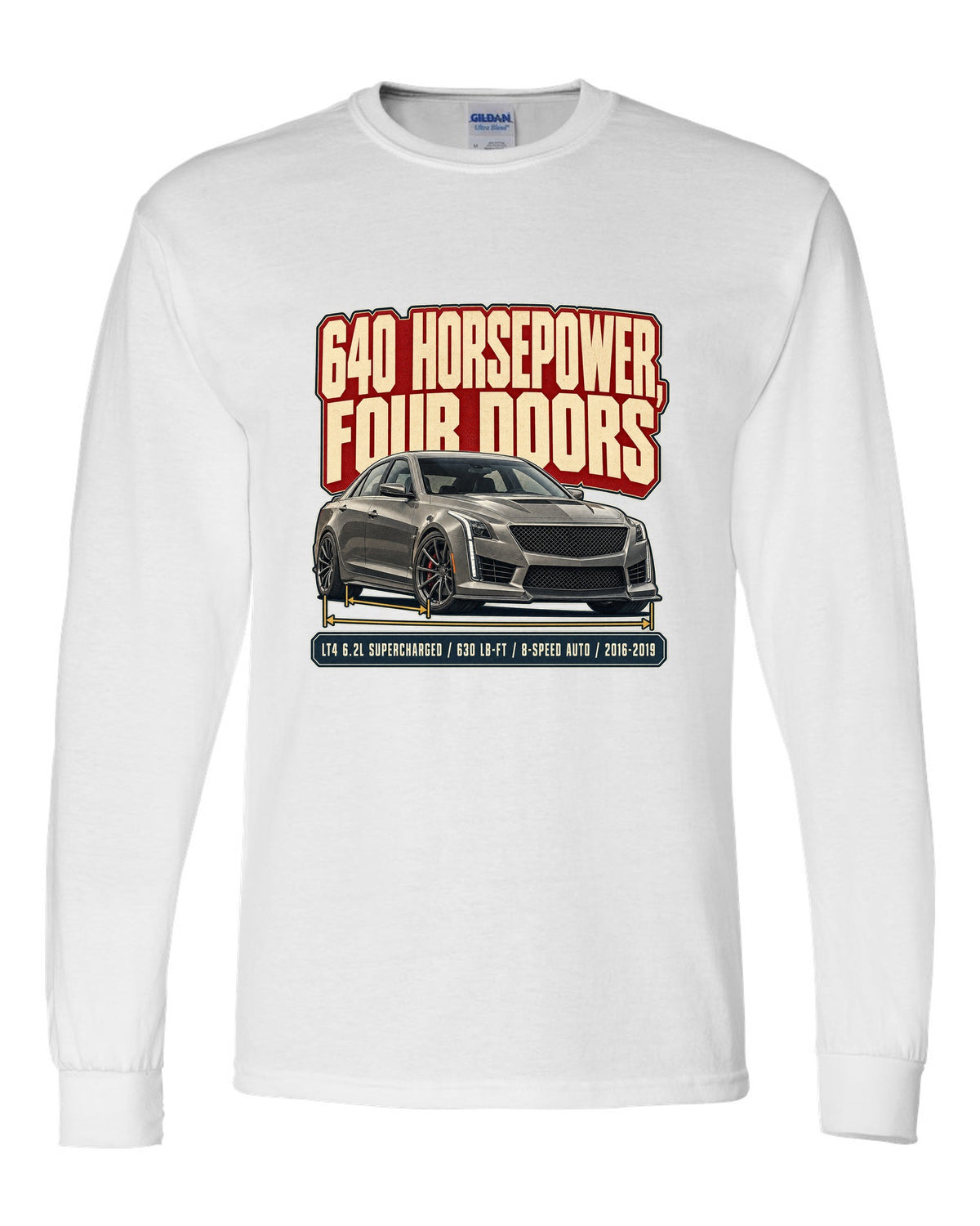 Editorial headline print for a 2016-19 third generation Cadillac CTS-V white long sleeve front view with the design