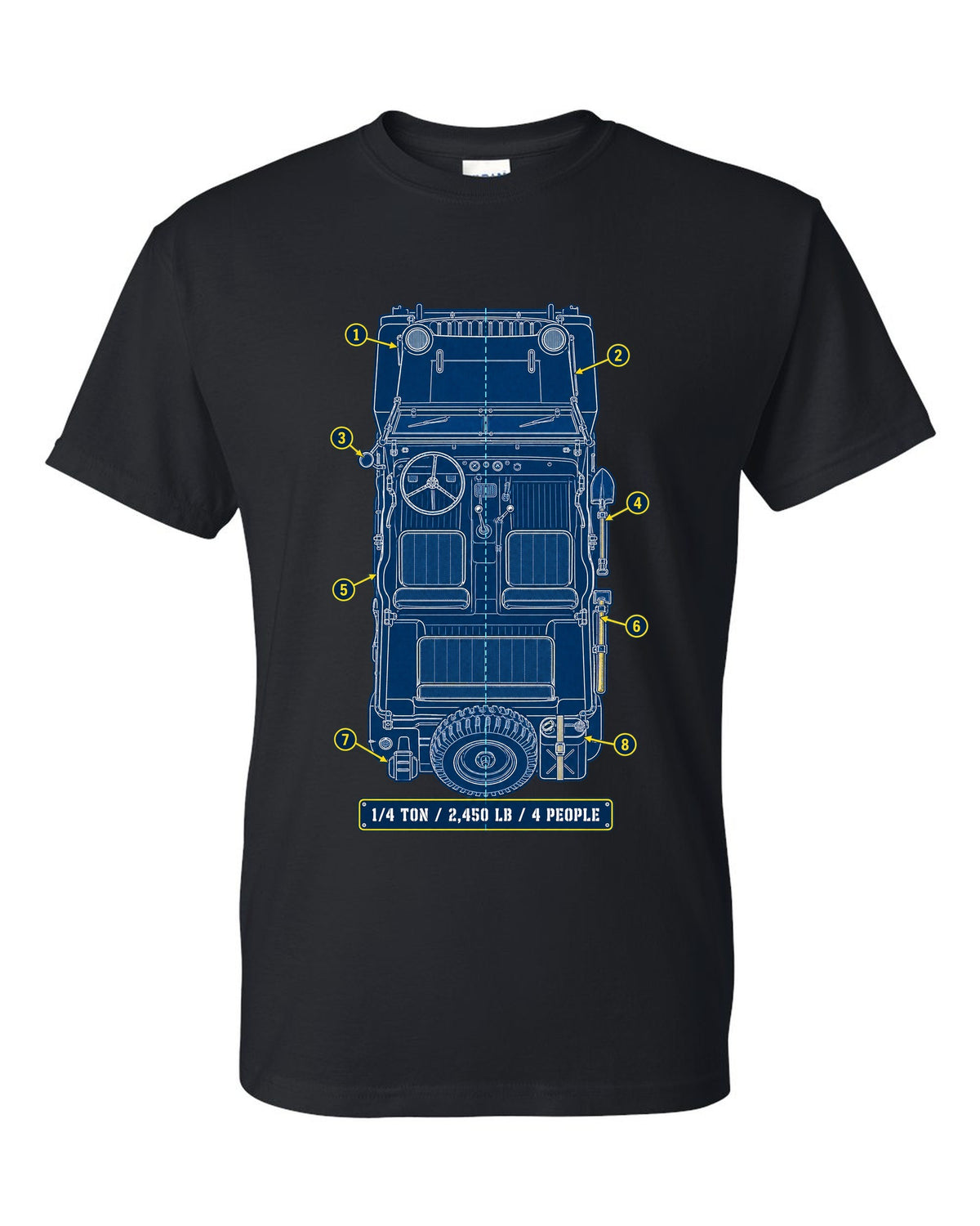 Cyanotype blueprint print of a Willys MB with field manual specs text black t-shirt front view with the design