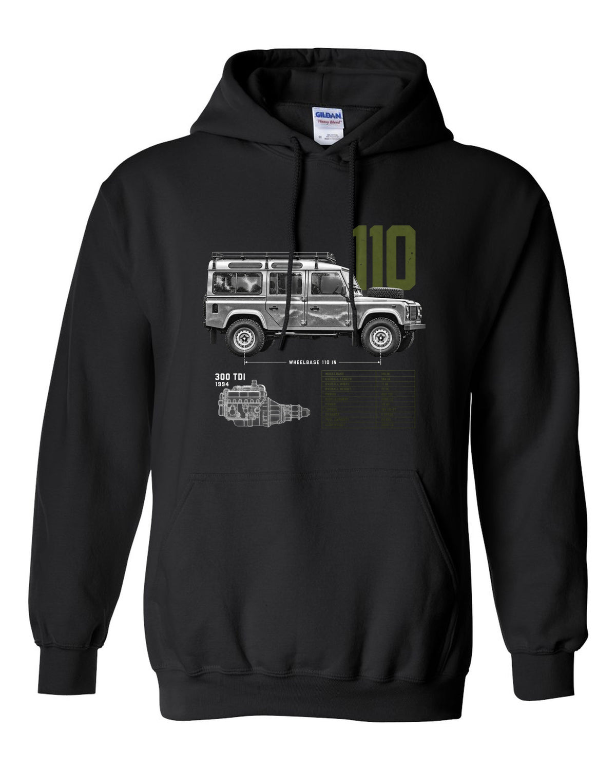 Land Rover Defender 110 spec poster print with 300 Tdi 1994 text black pull over hoodie front view with the design