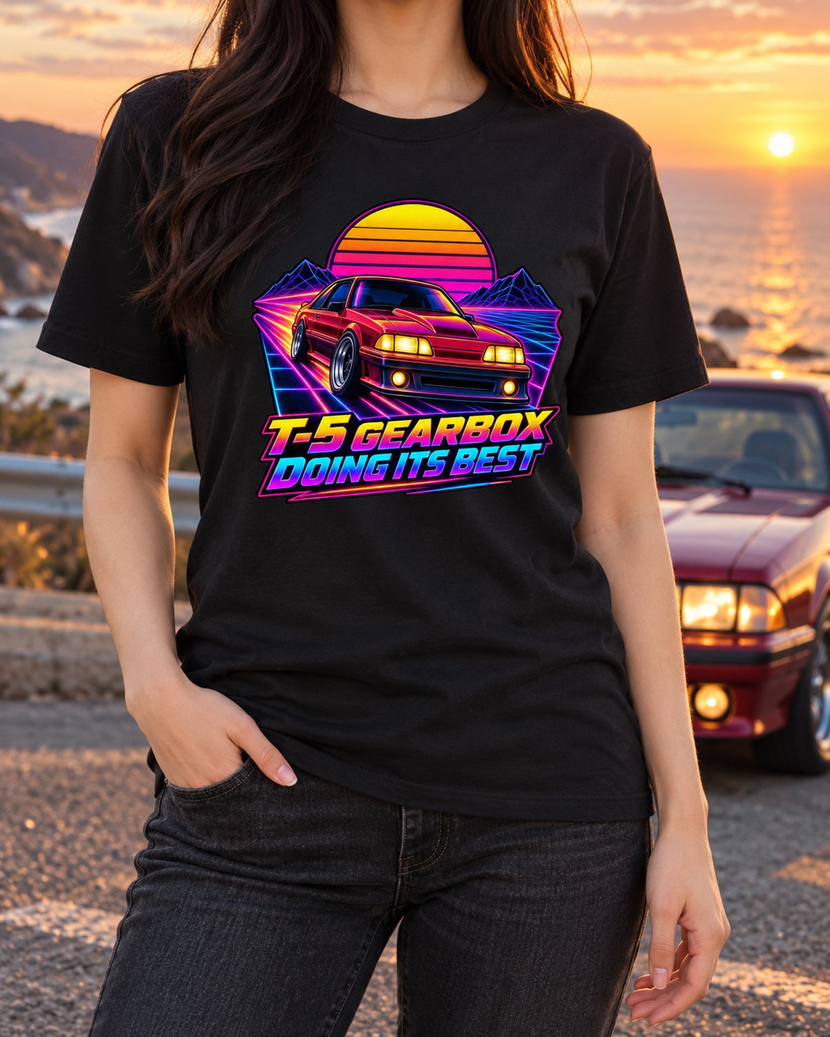 Fox Body Mustang GT Synthwave Sunset Grid Shirt, T-5 Gearbox T-Shirt Black worn hero