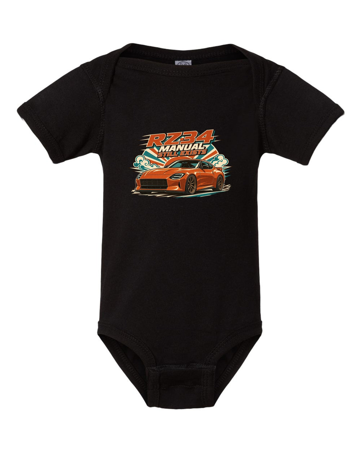 1970s Showa catalogue ad style print of the Nissan Z RZ34 black baby onesie front view with the design
