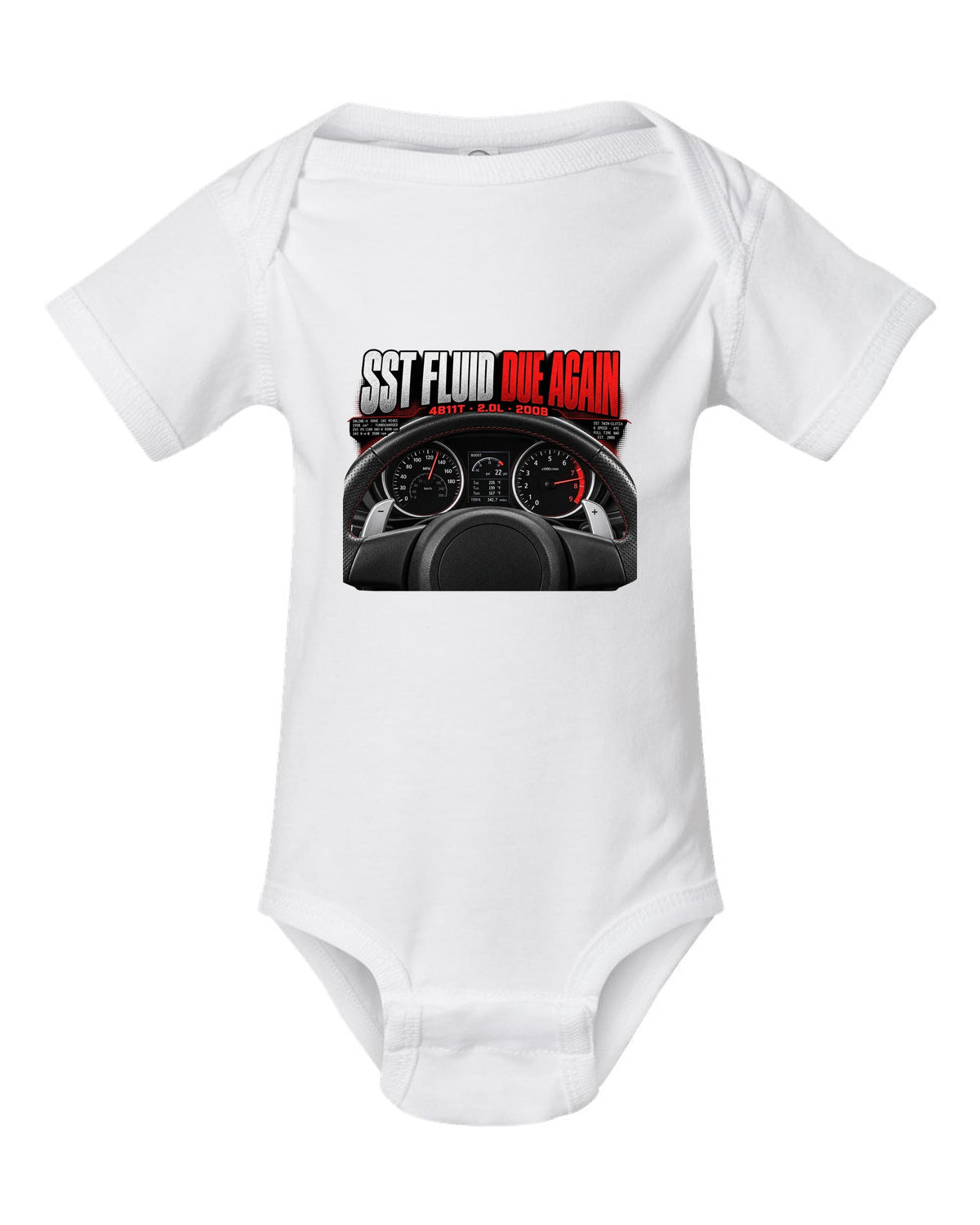 Mitsubishi Lancer Evolution X cockpit gauge print with SST fluid reminder text white baby onesie front view with the design