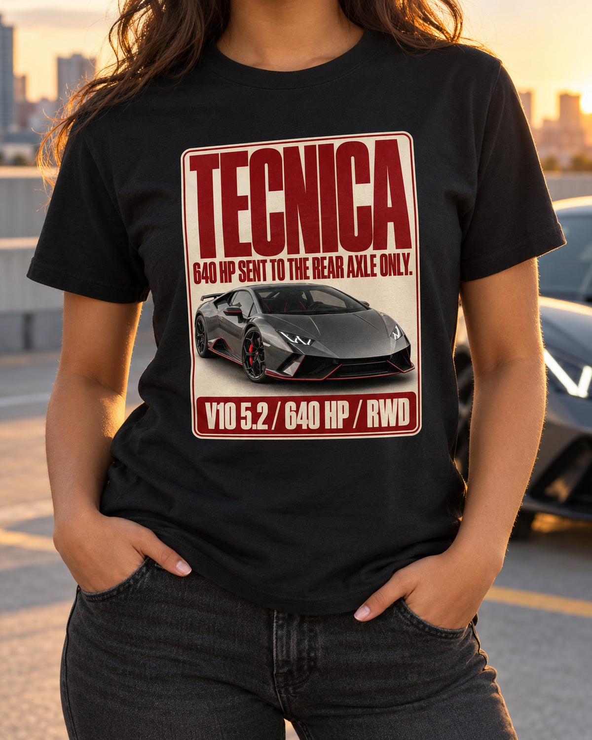 Lamborghini Huracan Tecnica Editorial Headline Graphic Tee T-Shirt Black worn hero