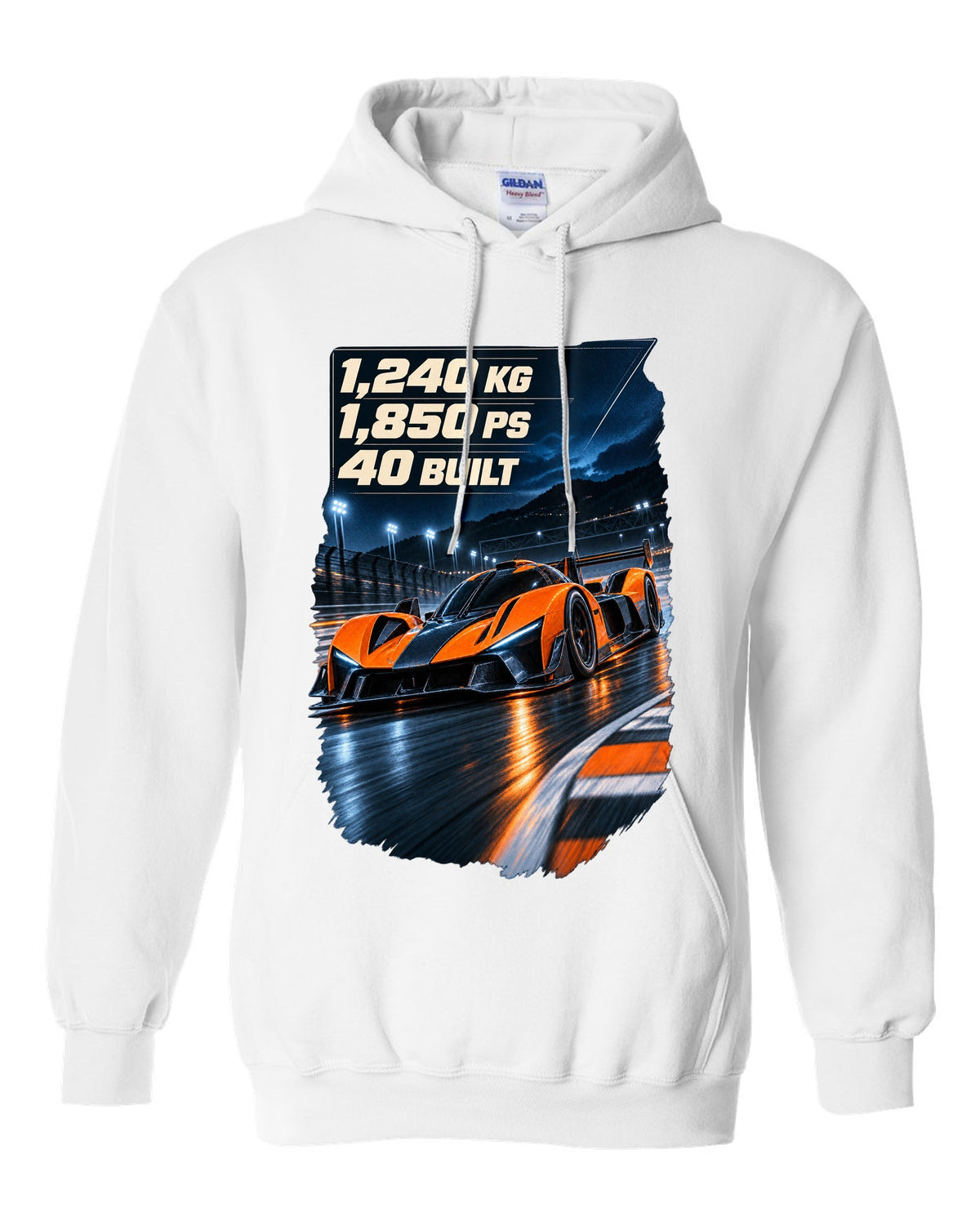 Bugatti Bolide track car at night print with weight and power figures white pull over hoodie front view with the design