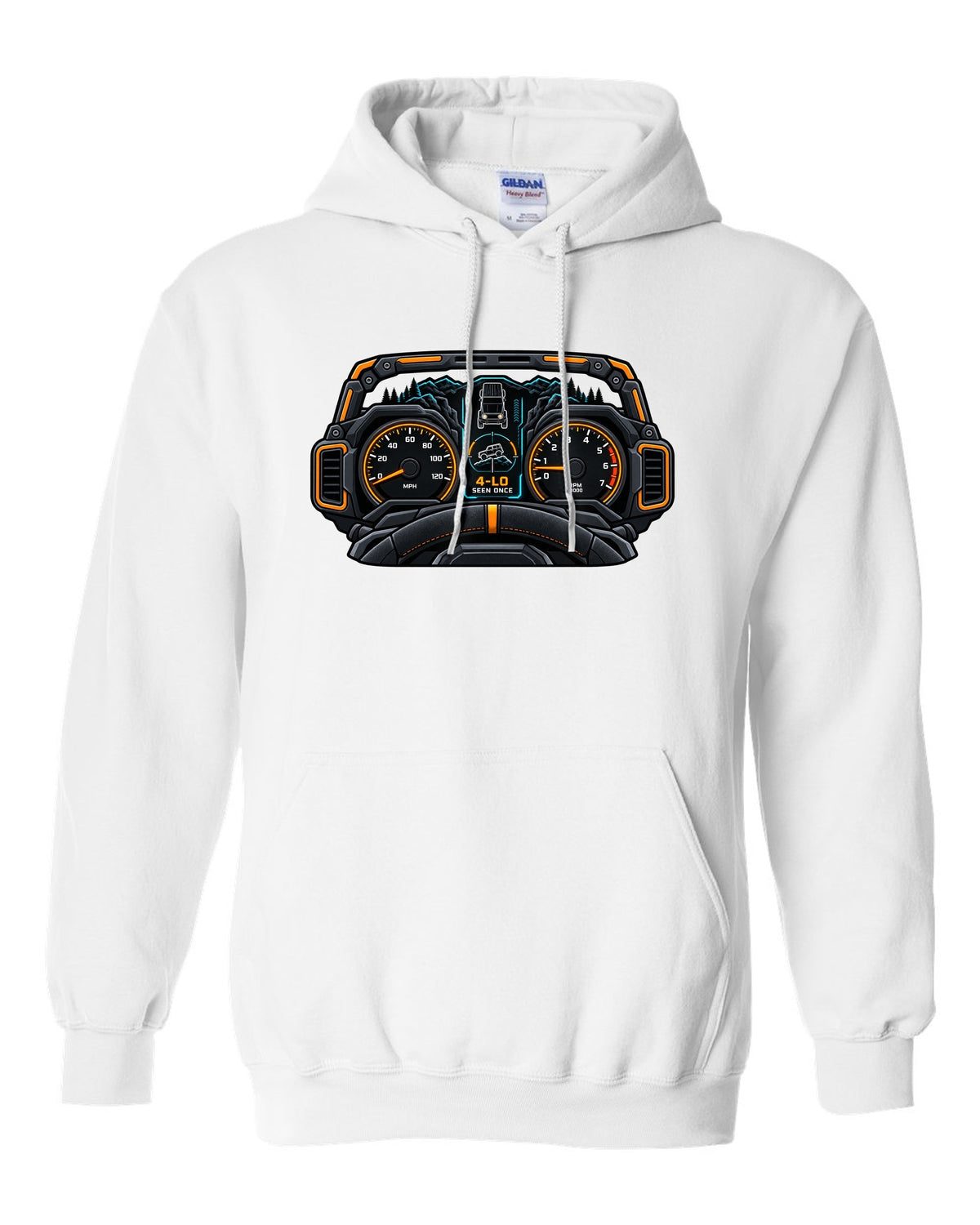 Ford Bronco 6G U725 gauge cluster HUD print white pull over hoodie front view with the design