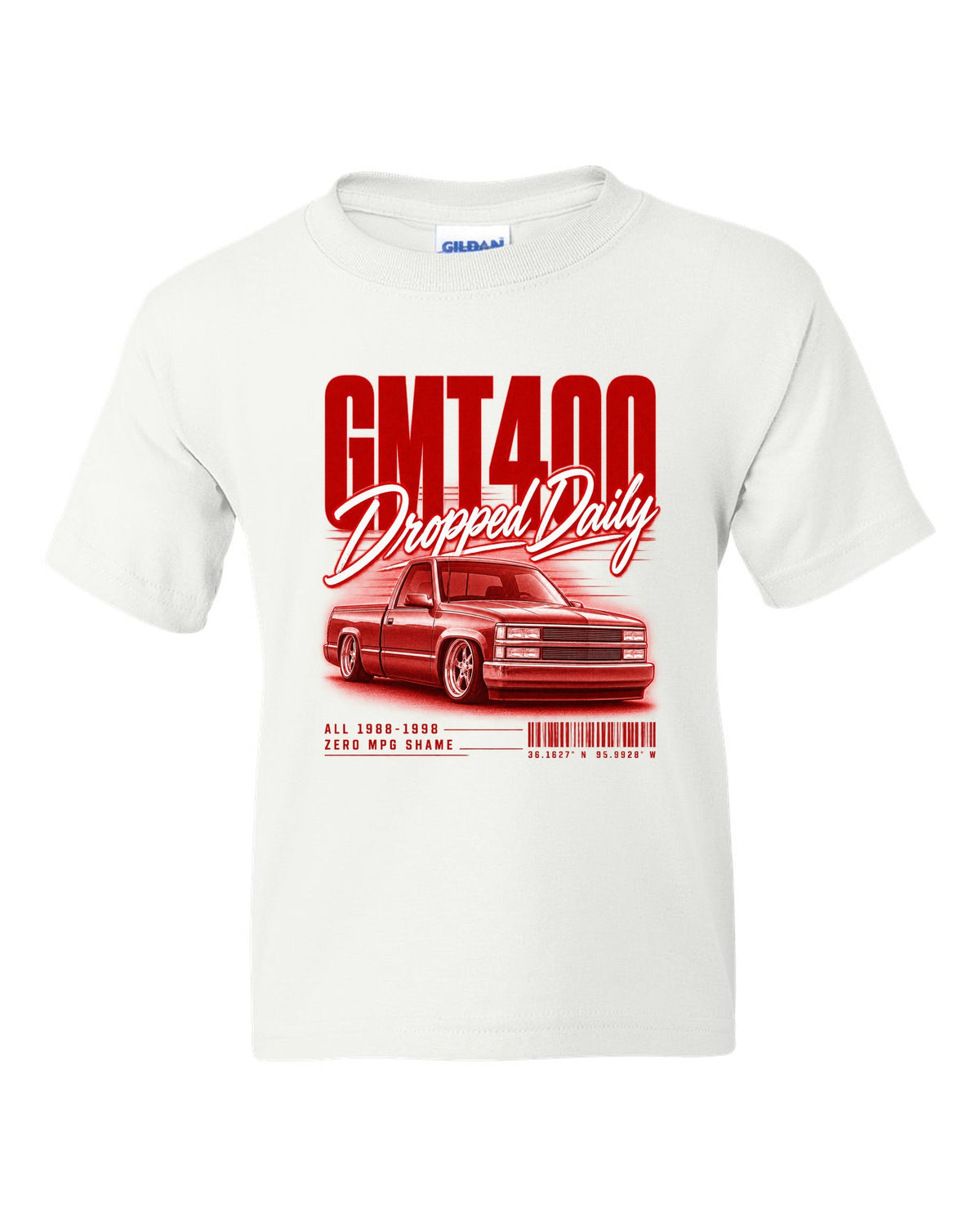 GMT400 OBS regular cab street poster print white kids tee front view with the design