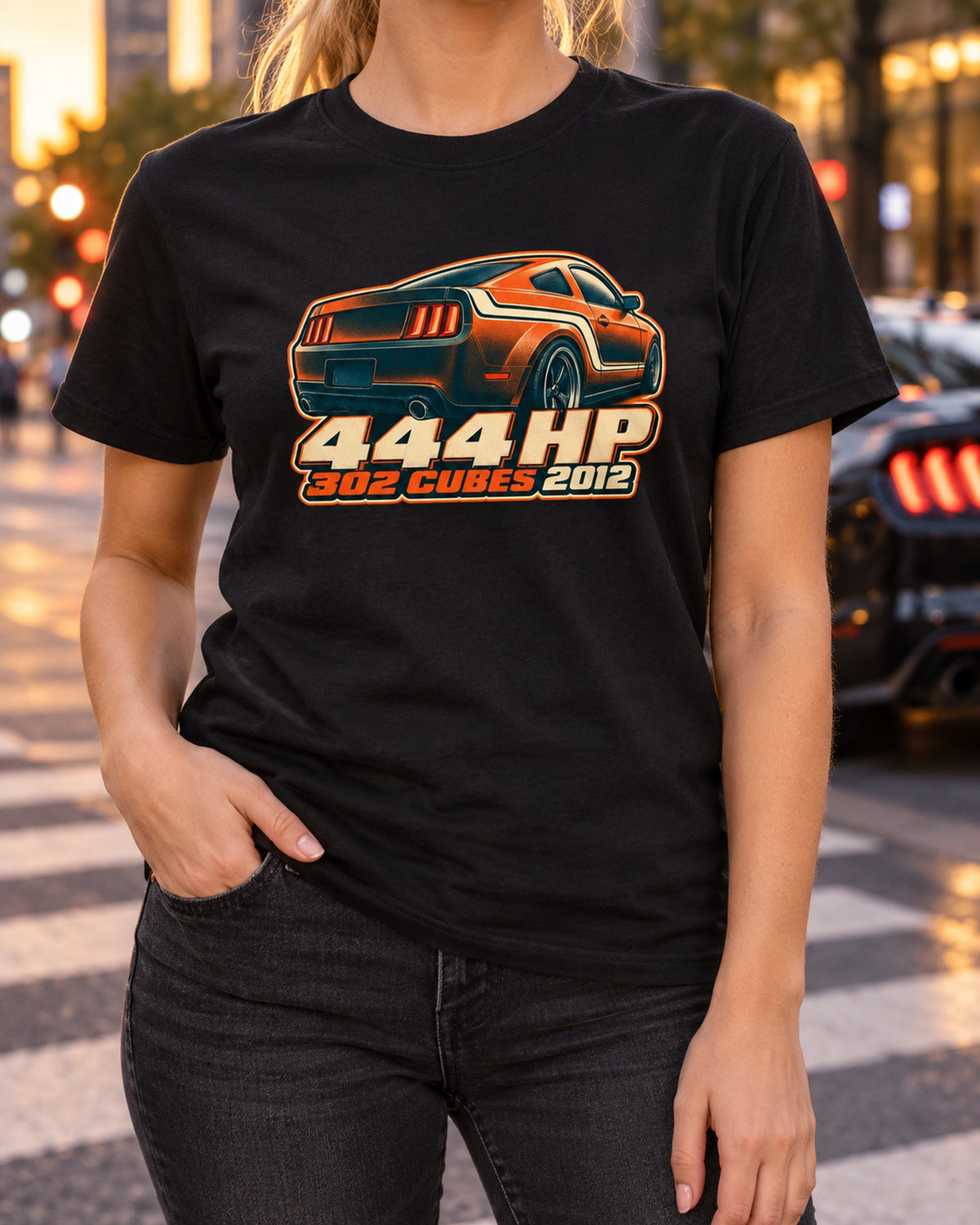 S197 Mustang Fastback 444 HP Stripe Macro Halftone Shirt T-Shirt Black worn hero