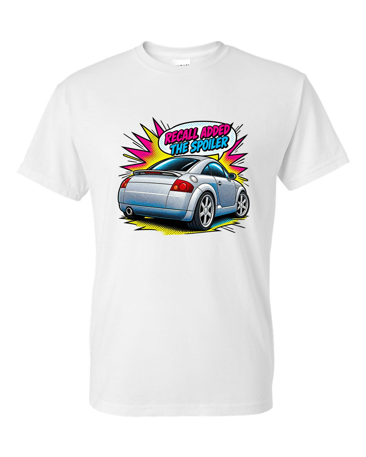 Comic halftone pop art print of an Audi TT Coupe 8N with spoiler recall caption white t-shirt front view with the design