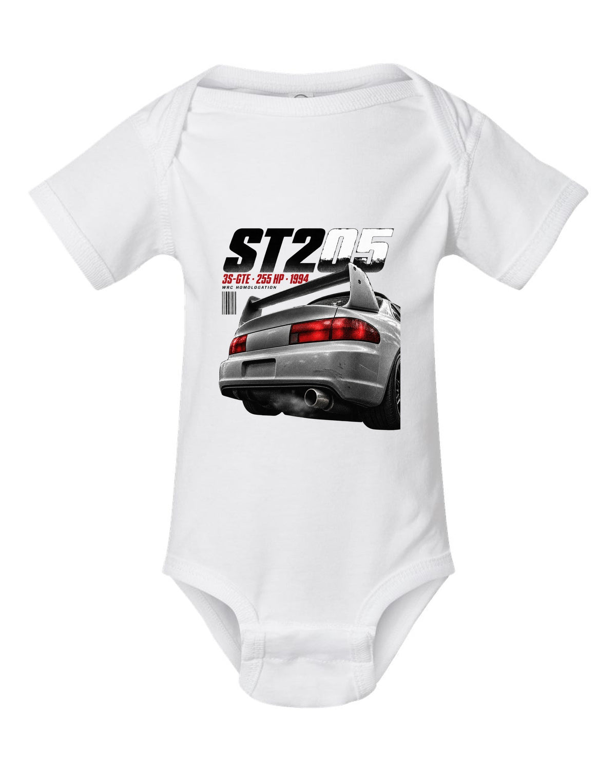 Macro detail of the Toyota Celica GT-Four ST205 rear wing with 3S-GTE text white baby onesie front view with the design