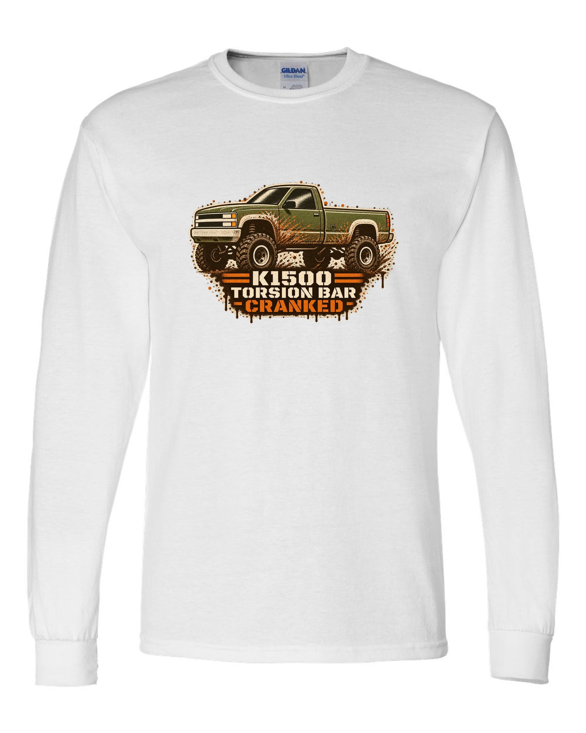 Stencil spray street-art print of a 1988-98 Chevrolet GMT400 K1500 Z71 OBS with torsion bar text white long sleeve front view with the design