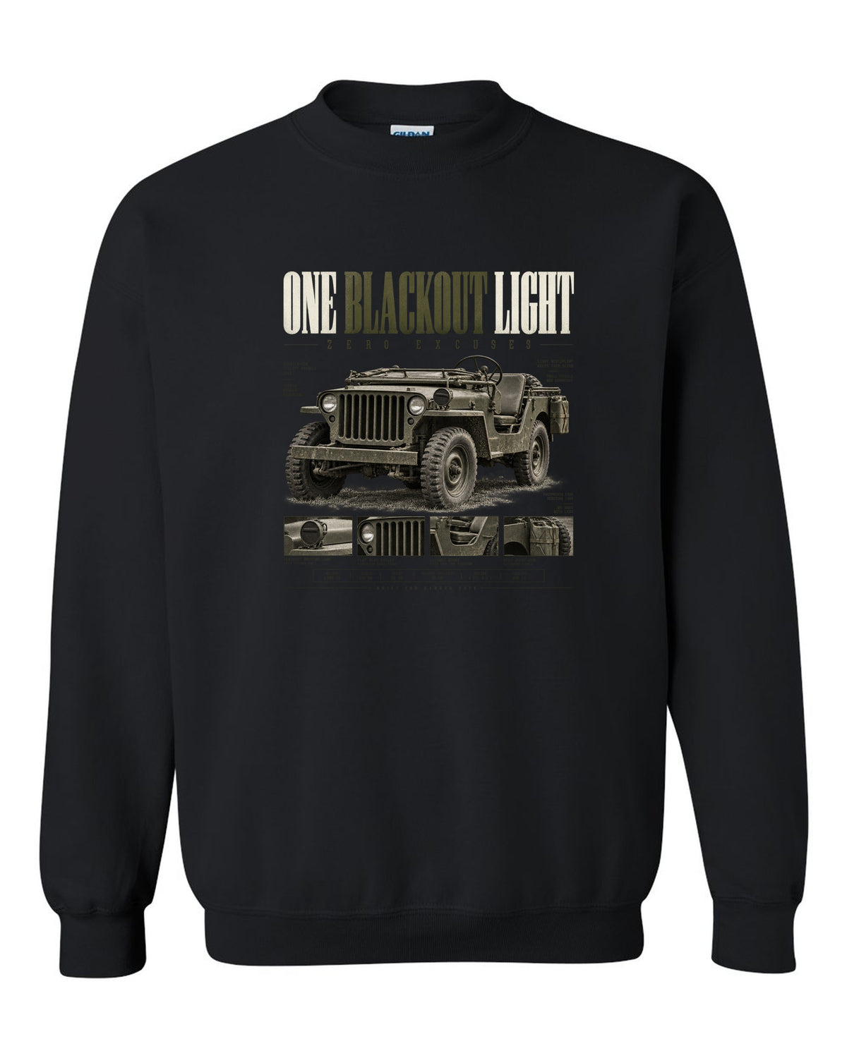 Editorial headline print for the Willys MB blackout light, 1941-1945 black crewneck front view with the design