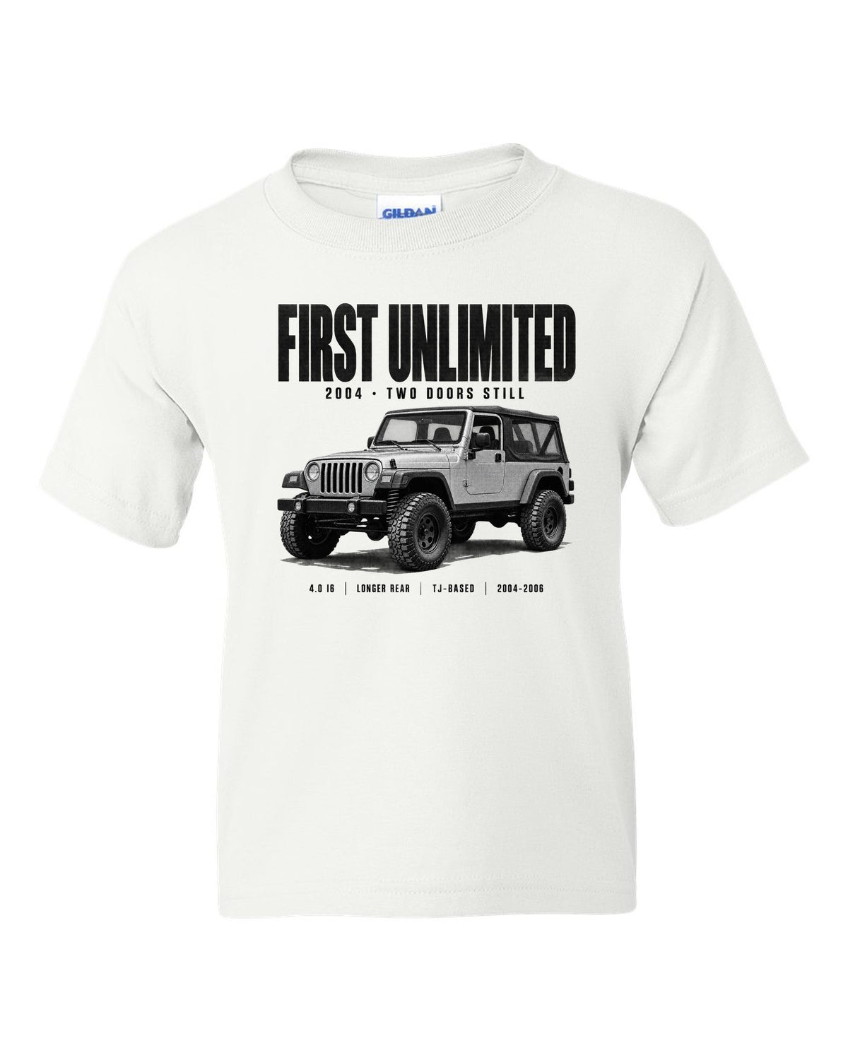 Halftone print for the Jeep Wrangler LJ Unlimited, First Unlimited 2004 white kids tee front view with the design