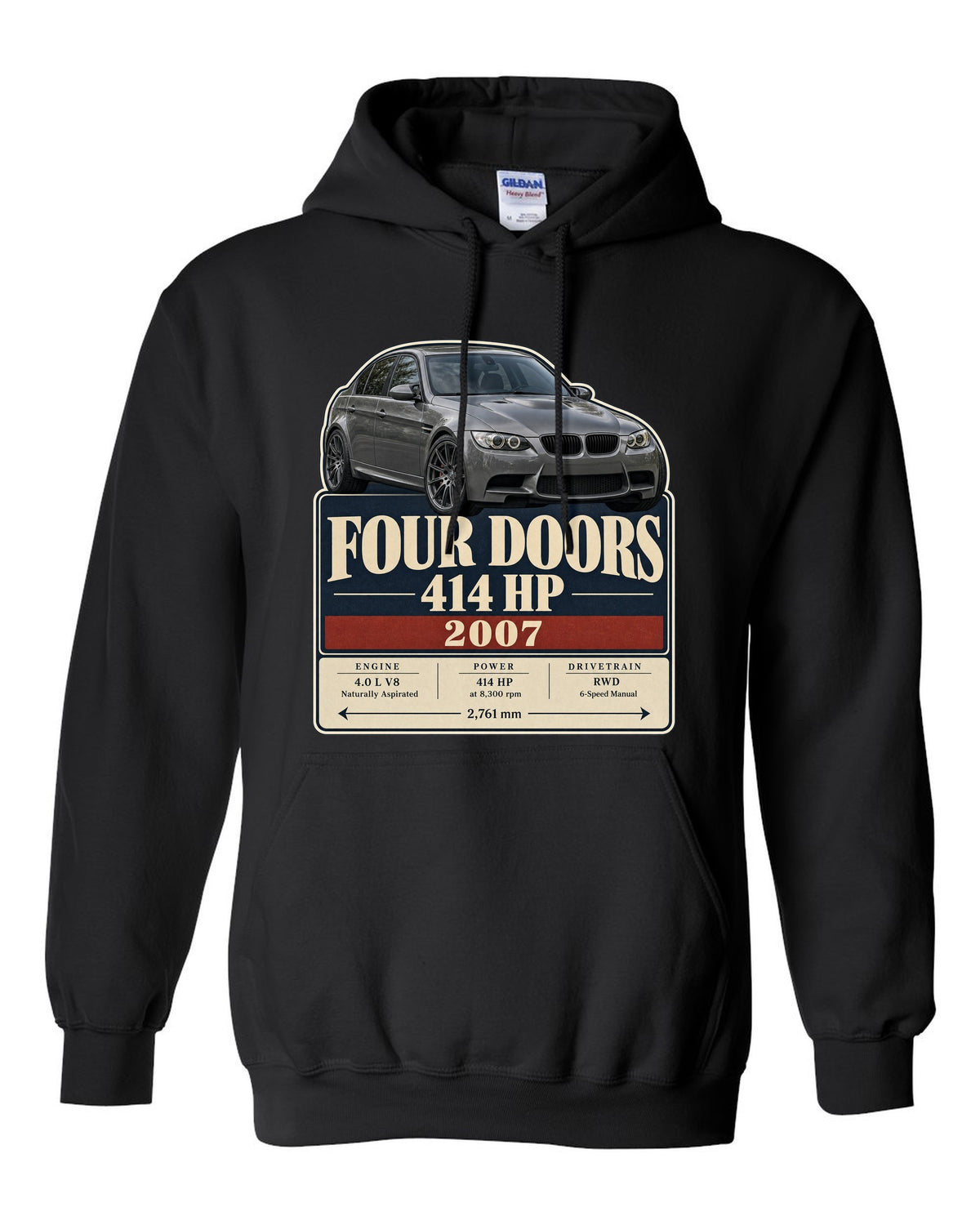 BMW M3 E90 saloon archive panel print black pull over hoodie front view with the design