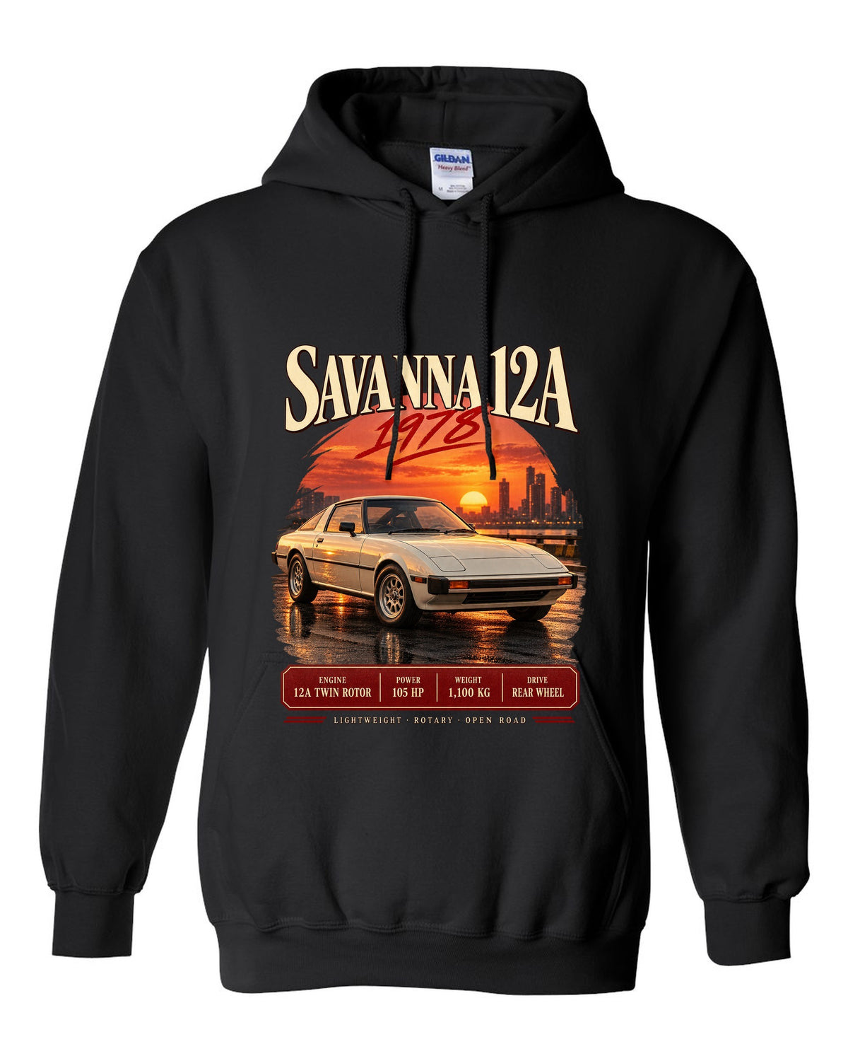 Archive panel print for the Mazda RX-7 SA22C 1978-85 with Savanna 12A and 1,100 kg details black pull over hoodie front view with the design