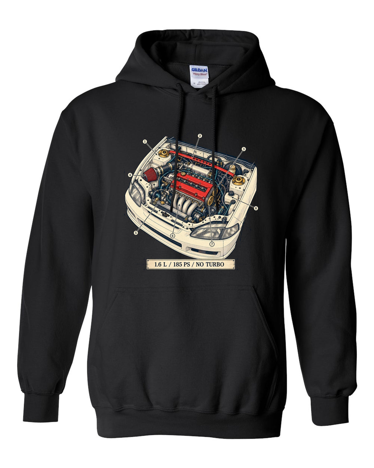 Patent drawing line art of the Honda Civic Type R EK9 with B16B spec text black pull over hoodie front view with the design