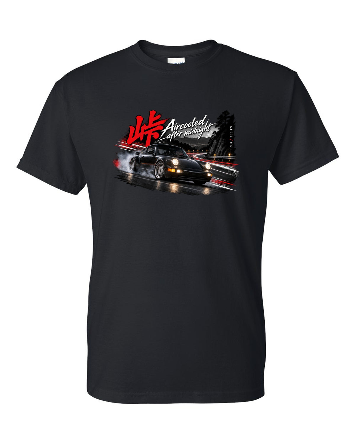 Touge night print of a Porsche 911 Carrera 2 (964) with the line Aircooled after midnight black t-shirt front view with the design