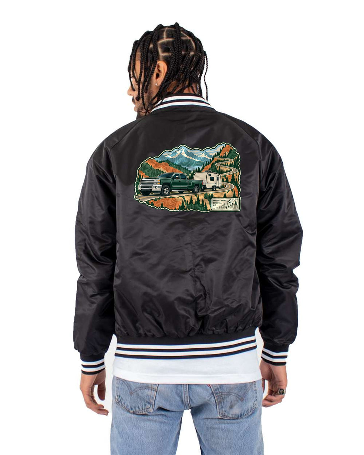 Ram 2500 6.7 Cummins Exhaust Brake Mountain Pass Map Shirt Bomber Jacket Black back